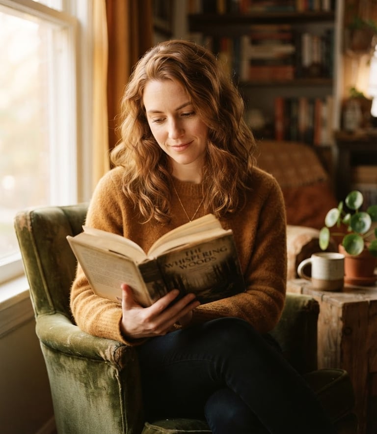 Warm editorial portrait of a reader in a soft-lit room holding an open book, warm window light, 35mm, shallow depth of field