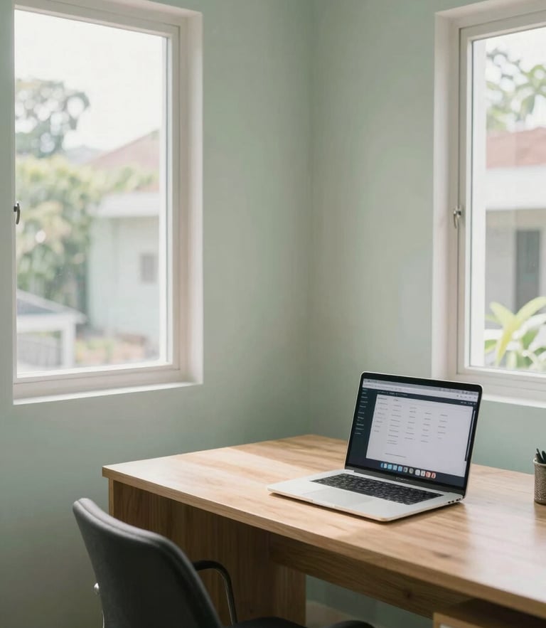 A clean modern village office interior with soft morning light filtering through windows, a wooden desk with a laptop displaying a clean interface, minimal Indonesian aesthetic, 35mm