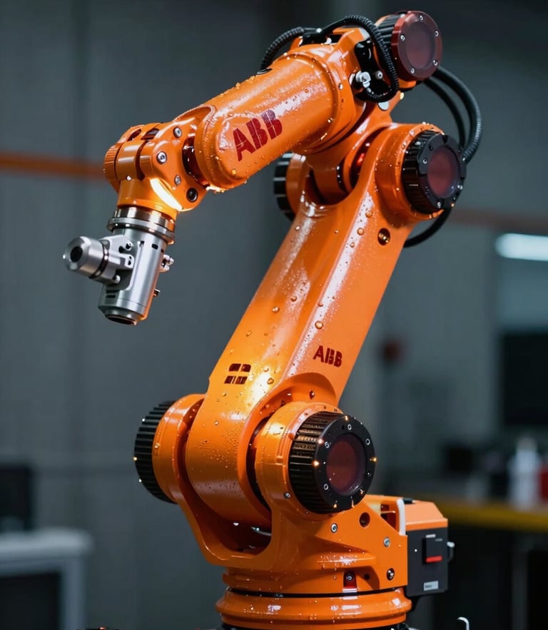 Close-up of a clean orange ABB robotic arm joint, high-contrast industrial lighting, dramatic rim light on metallic surfaces, 35mm lens