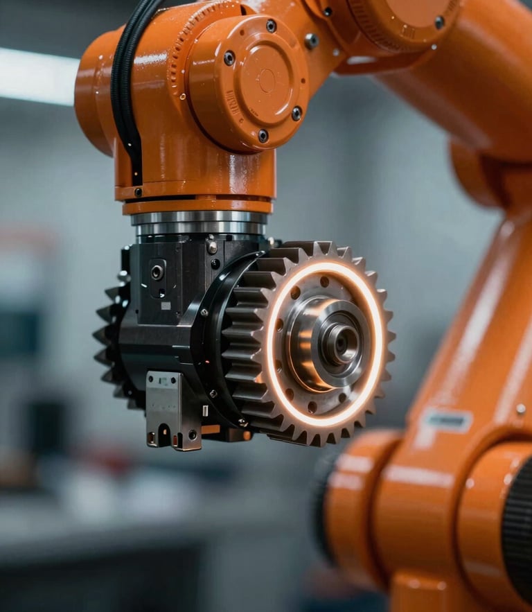 Macro close-up of an ABB robotic arm joint, orange cabling, metallic gear teeth, dramatic rim lighting on dark steel, sharp focus, industrial photography.