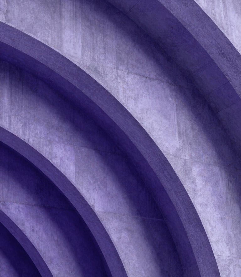 Macro photograph of clean architectural concrete arches under cool studio light with subtle violet backlighting, sharp focus