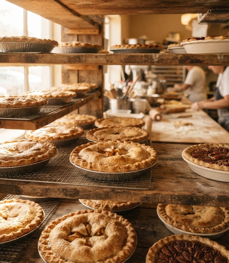 Warm natural morning light illuminating golden-brown pies cooling on rustic wooden shelves in our Kissimmee commercial kitchen, shallow depth of field, 35mm