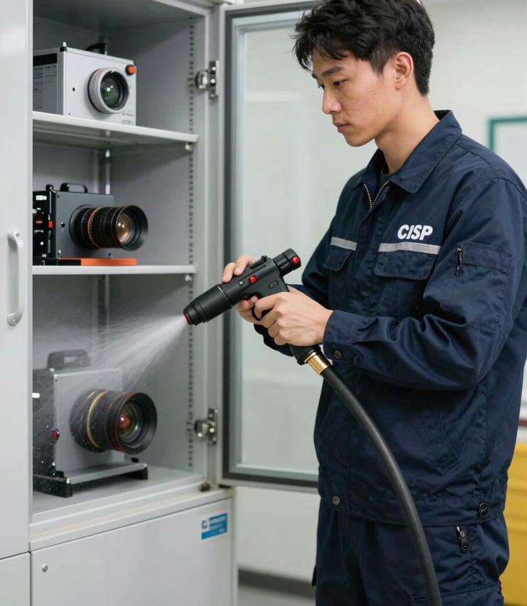 Crisp, bright photo of a professional technician in a branded navy uniform operating a high-pressure line jetting system inside a utility room.