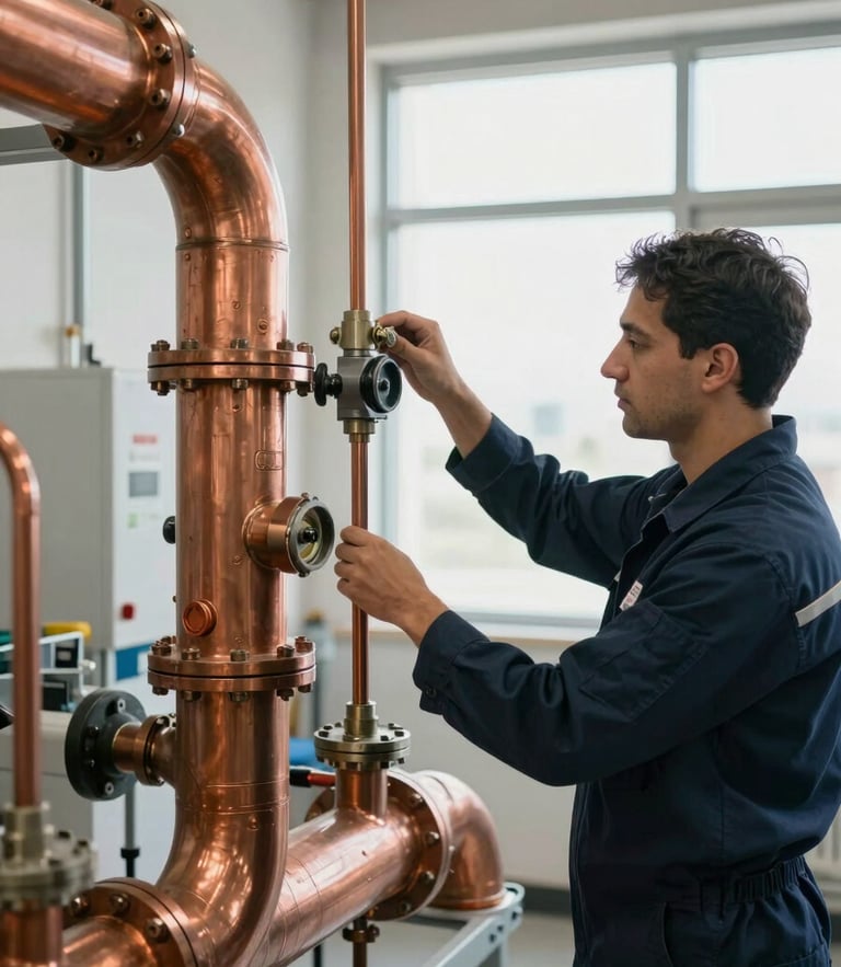 Crisp industrial shot of a technician in a navy blue uniform adjusting a heavy-duty copper manifold installation inside a modern Dubai utility room, bright natural lighting.