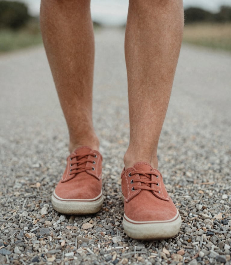 Low-angle foot-level shot of double-stitched canvas shoes walking on a gravel path, soft overcast morning light, desaturated terracotta tones, 35mm film look