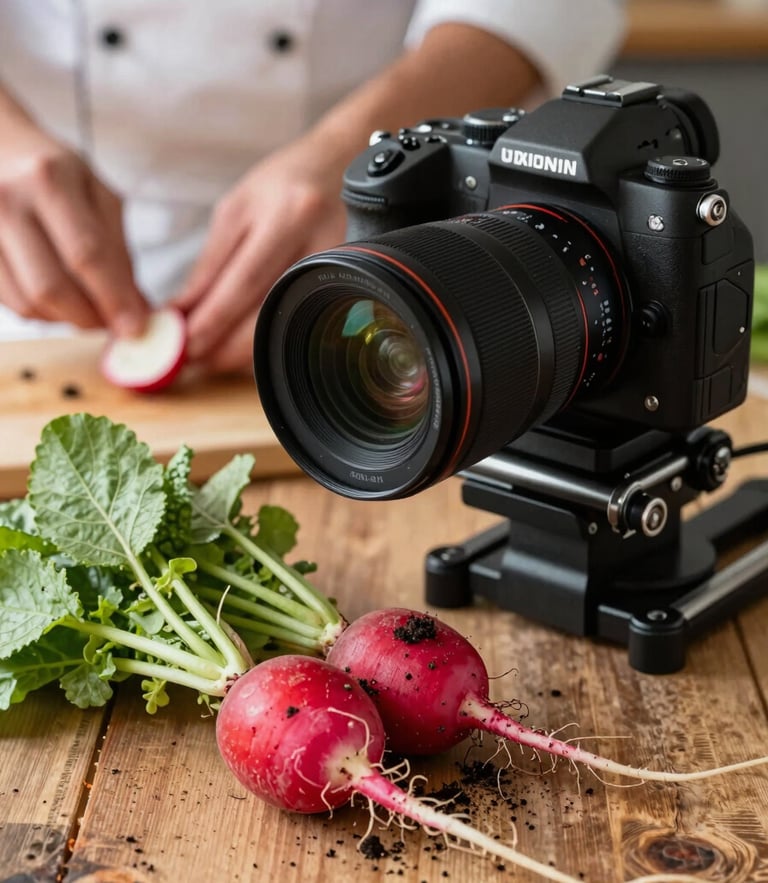 A close-up shot of a camera rig positioned over a rustic wooden prep table, soft Scandinavian natural daylight illuminating fresh heirloom radishes with soil on them and a chef's hands prepping in the background