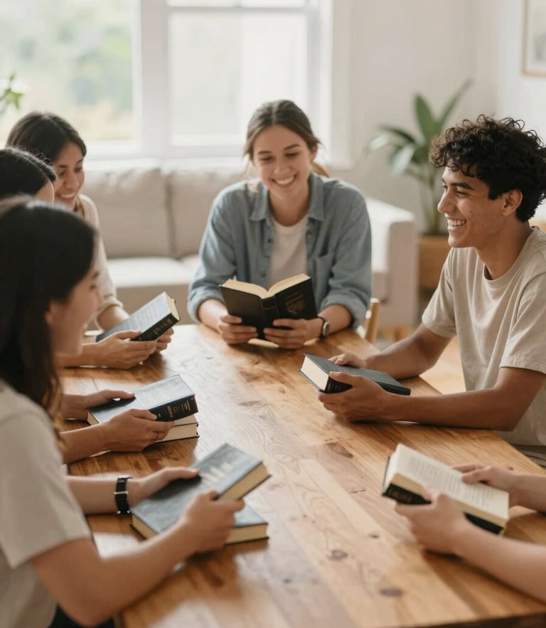Warm editorial photography of a small group of people sitting around a wooden table in a sunlit living room, holding Bibles and laughing, soft natural daylight, shallow depth of field