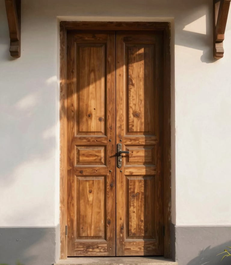 Warm editorial photography of a wooden church entrance door with soft morning sunlight casting gentle shadows, welcoming atmosphere