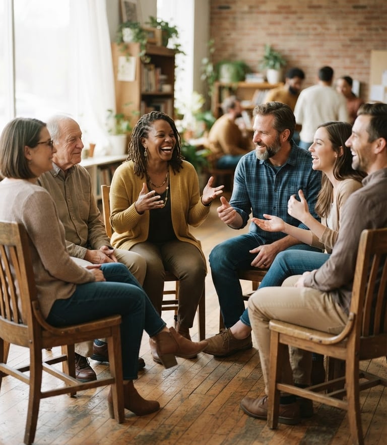 Warm natural light on a circle of educators sitting in wooden chairs, conversing with expressive hand gestures, soft focus background, 35mm photography style.