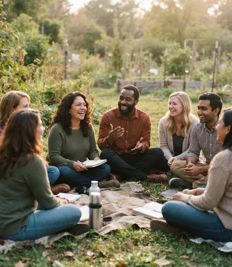 A warm, candid photograph of a diverse group of educators sitting in a circle outdoors, soft natural golden hour light, shallow depth of field, 35mm style
