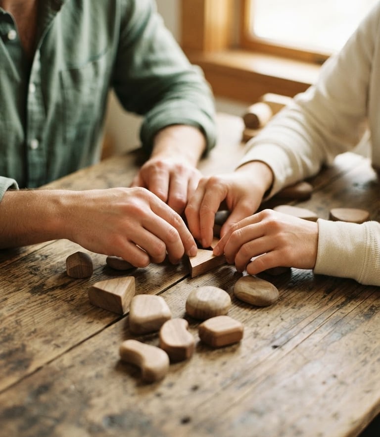 Candid close-up of hands collaborating on a rustic wooden table, arranging organic wooden shapes, warm natural daylight, soft focus, shallow depth of field, 35mm
