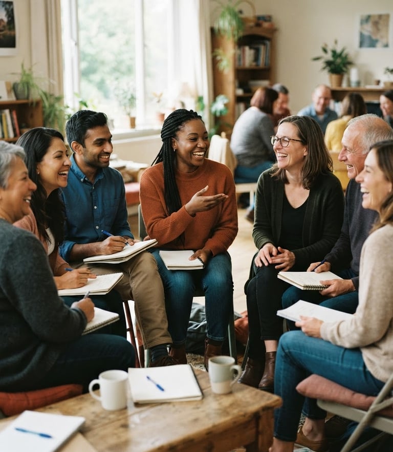 A warm, candid medium shot of a diverse group of adults sitting in a circle, laughing and collaborating during an interactive workshop, soft natural window light, earthy tones, 35mm photography.