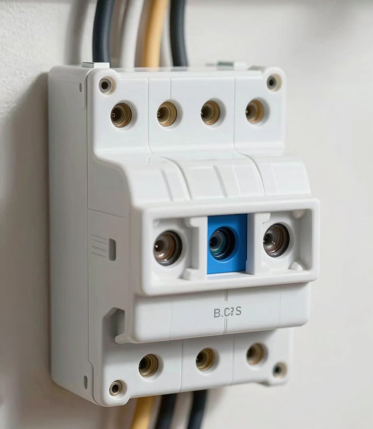 Close-up macro shot of a clean, newly installed consumer unit with neatly routed wiring, bright natural daylight, sharp focus on technical details.