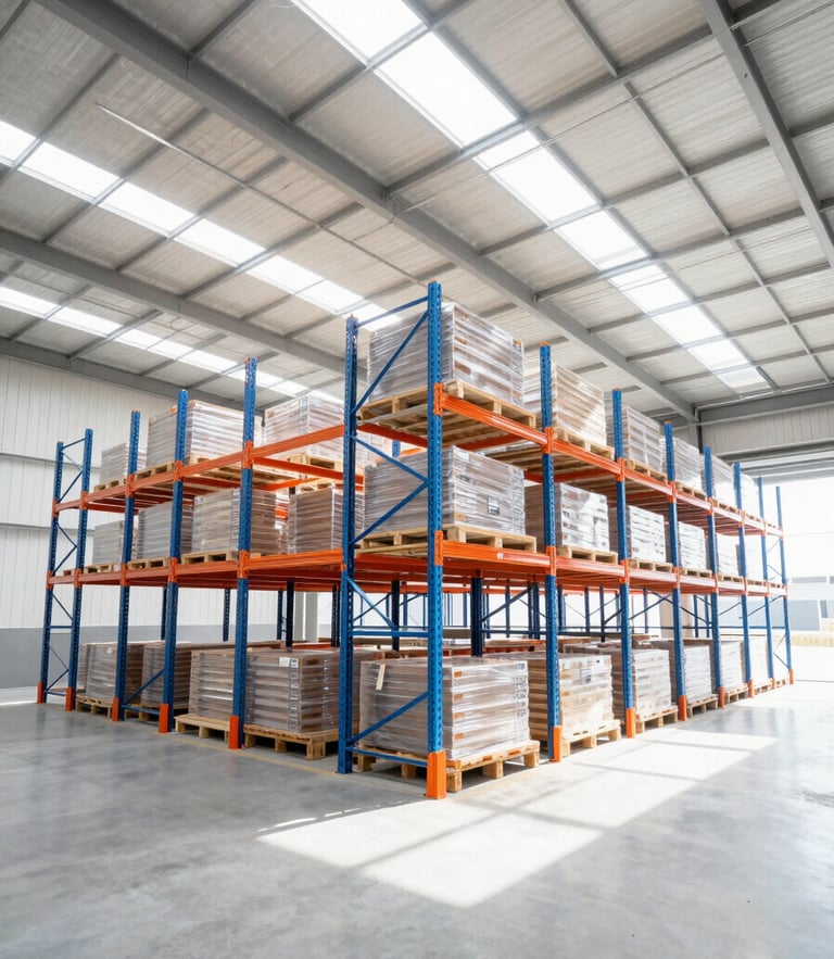Bright commercial photography of a clean modern warehouse interior, high-bay storage racks, natural daylight streaming through high windows, 24mm wide-angle.