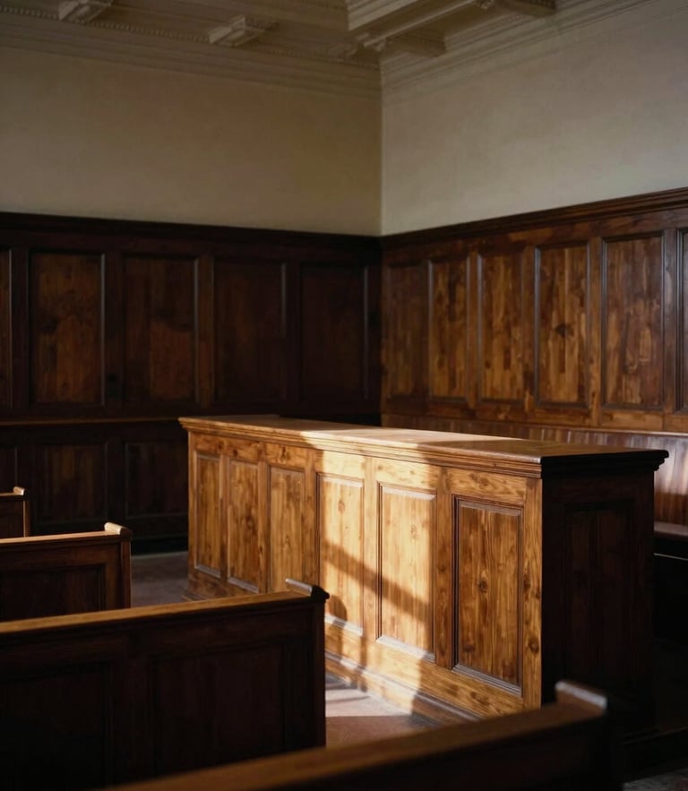 Warm editorial photography of a historic courtroom interior, low-key dramatic side-lighting, rich wood tones, high ceilings, empty wooden benches, 35mm.