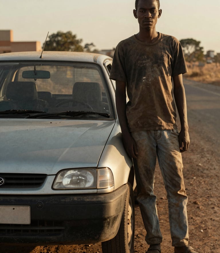 A real, unposed photograph of a South African driver standing proudly next to a clean compact hatchback, ready to start work, no license plate visible, warm golden-hour light, 35mm lens