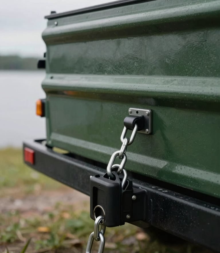 A rugged trailer hitch securely locked, heavy-duty safety chains, deep forest green boat trailer, overcast morning light, lakeside background, 35mm