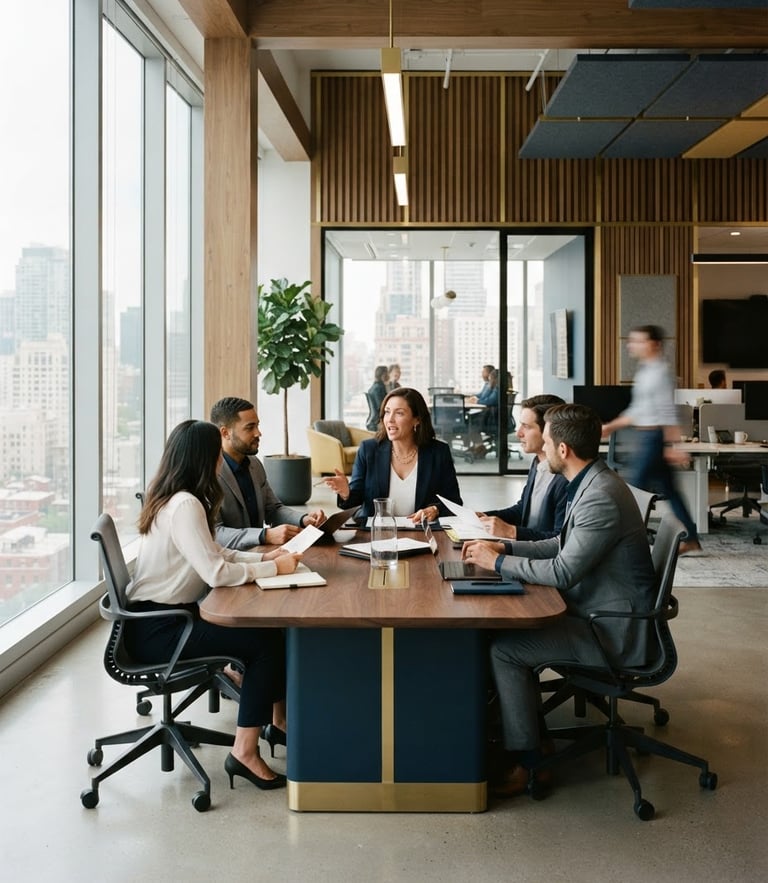 Professional corporate office interior, warm gold and deep navy tones, structured architectural lines, soft natural window light, 35mm photography