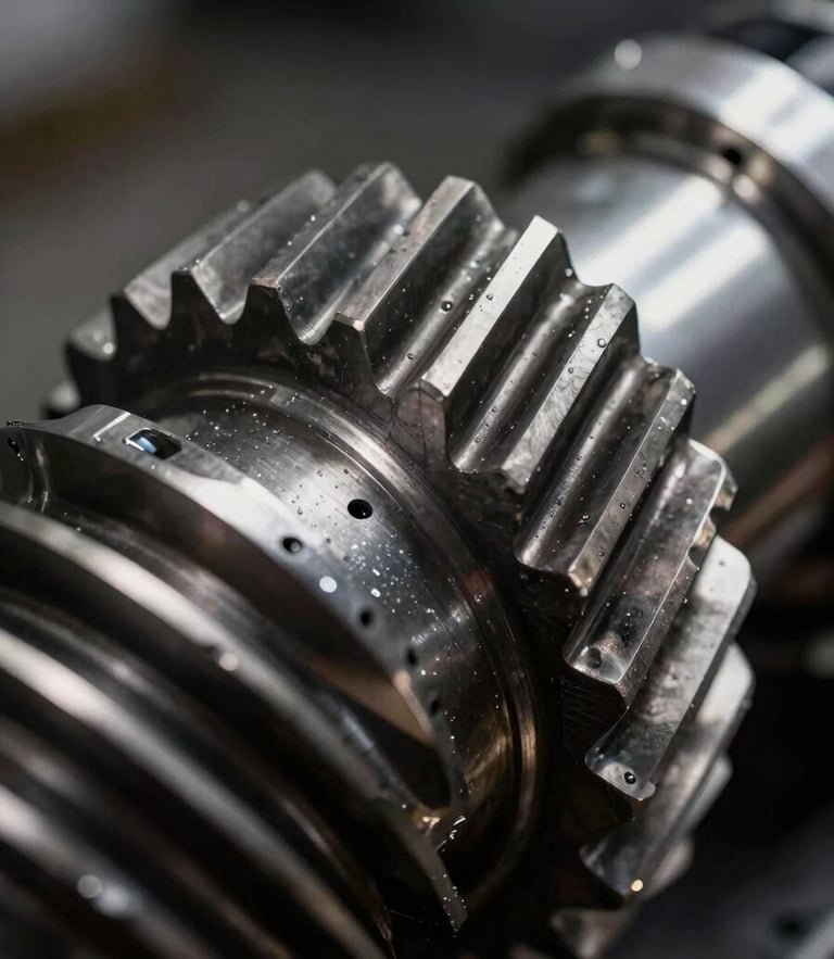 Close-up of clean transmission gear teeth, dramatic workshop lighting, sharp metallic textures, high contrast