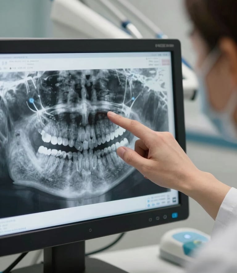 Close-up of a dentist pointing to a detailed digital dental X-ray on a monitor, soft focus on clinical equipment in the background, professional and reassuring setting.