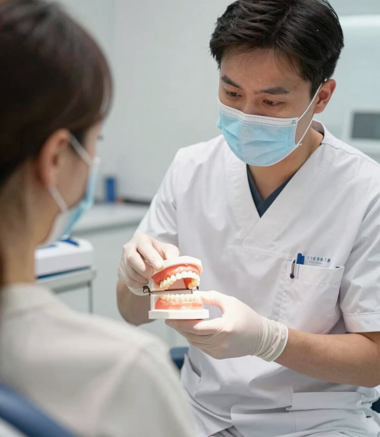 A bright, modern UK consultation room where a dentist in clean clinical scrubs is pointing to a physical anatomical dental model, explaining a procedure to an attentive patient.