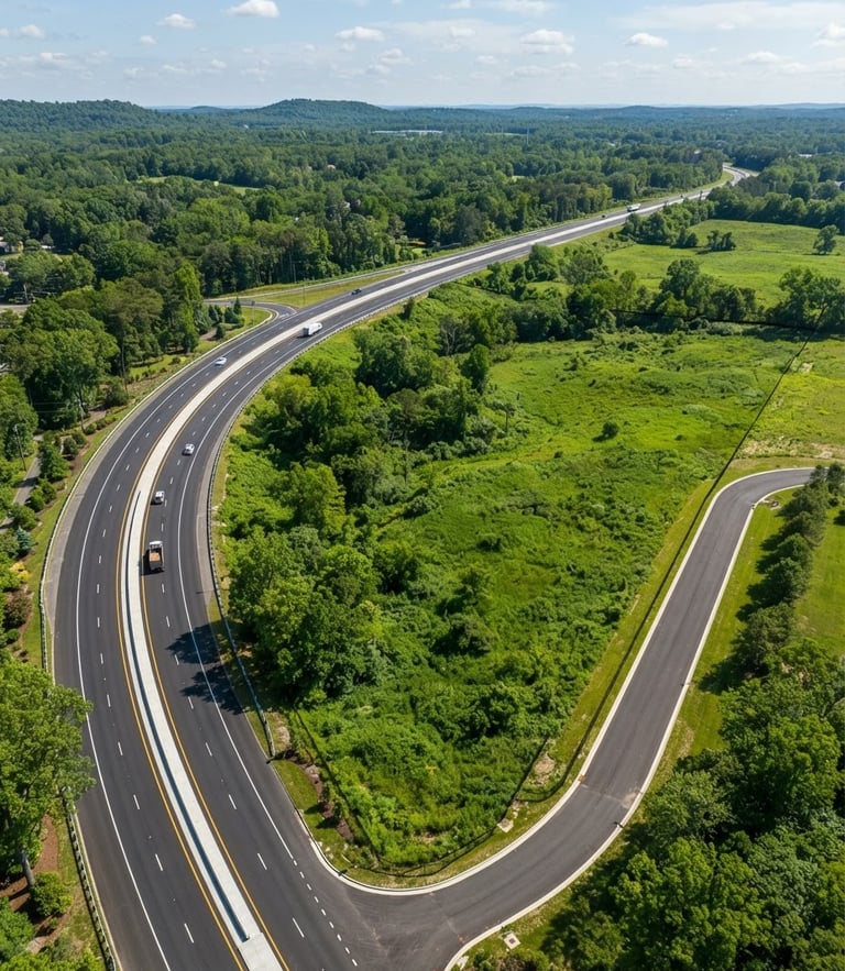 High-angle professional drone photography of a lush green strategic land parcel bordered by a modern clean highway, bright natural daylight, editorial architectural style