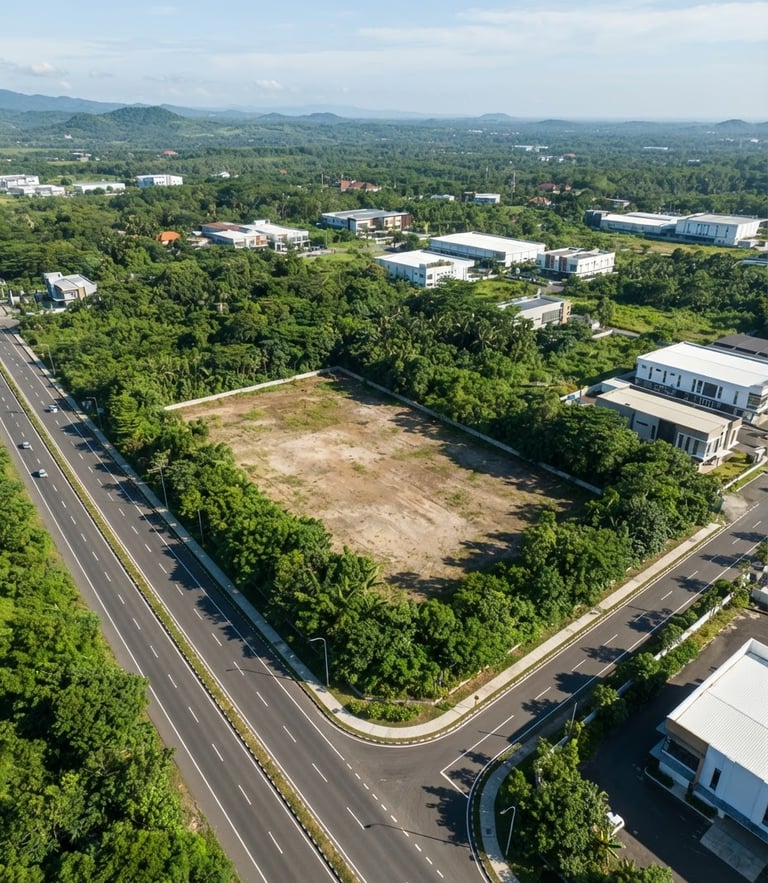 High-angle drone photography of a pristine strategic commercial land parcel in Indonesia, bordered by modern highways, bright natural daylight, clean architectural lines