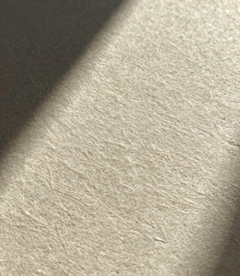 Tightly cropped macro photograph of deeply embossed heavy cotton cardstock, natural side-lighting casting long shadows across the tactile paper fibers.