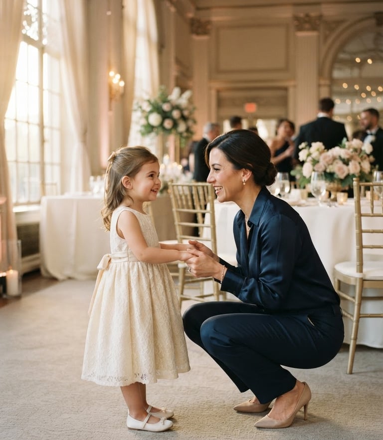 A professional caregiver in elegant attire warmly interacting with a child in formalwear, soft golden-hour window light, luxury wedding reception background, 35mm.