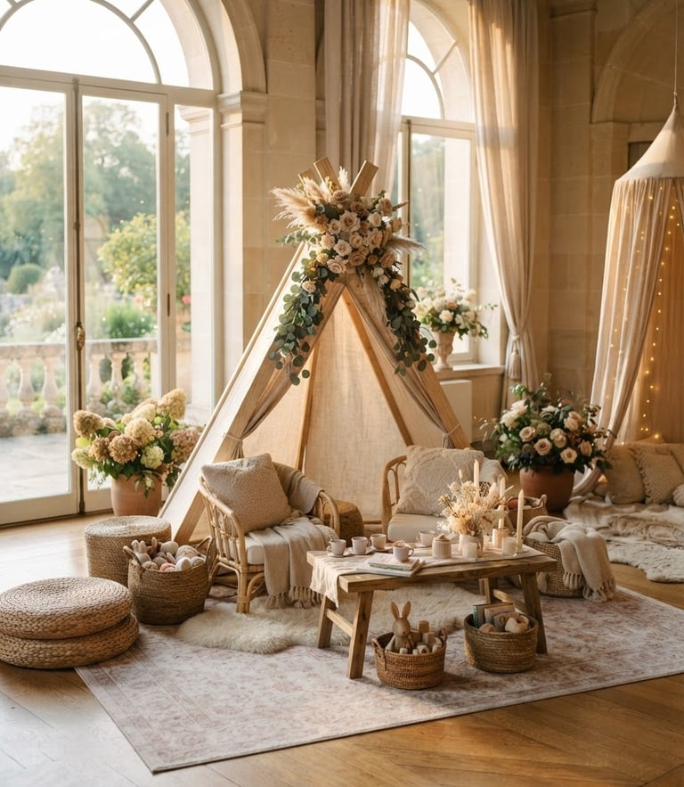 A beautifully styled children's lounge setup with neutral-toned furnishings, soft golden-hour window light, muted neutral tones, elegant wedding venue setting