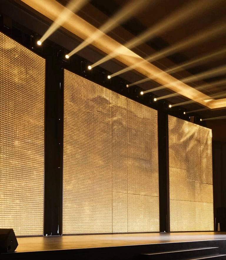 A razor-sharp architectural rendering of a luxury event stage, featuring integrated LED walls, dramatic golden up-lighting, and clean structural lines, high contrast.