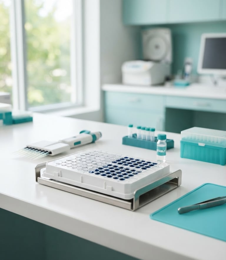 Medium close-up of a modern clinical testing tray with Alex 2.0 allergen kits, soft natural window light, bright calming teal accents, clean professional medical environment.