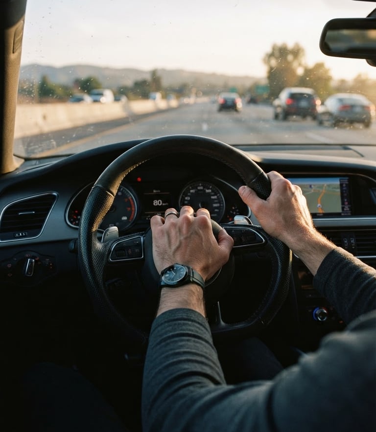 A cinematic close-up of a professional driver's hands on a leather steering wheel, natural golden hour highway light streaming through the windshield, cool blue tones, 35mm photography.