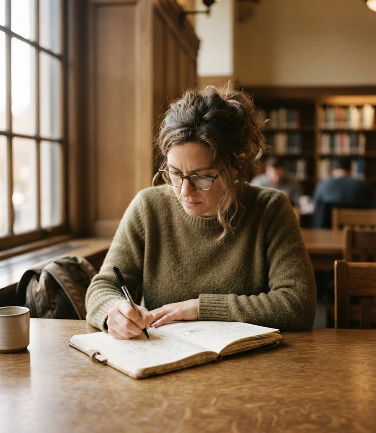A medium close-up of an adult learner in a quiet library, warm window light illuminating their focused face as they write in a notebook, 35mm film texture.