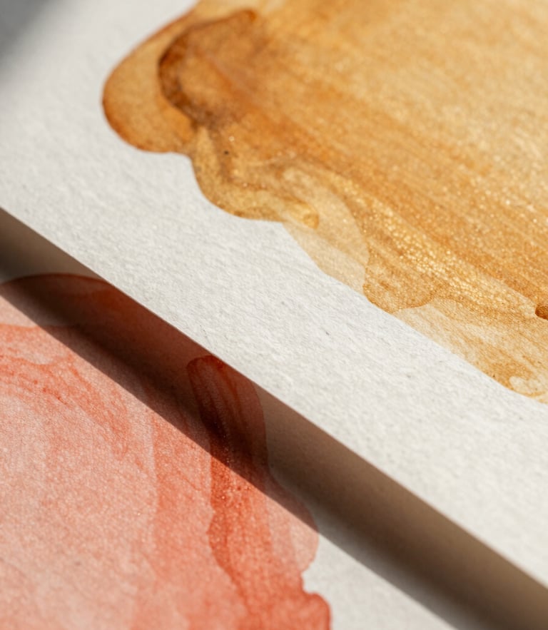 Extreme close-up of textured paper mockups layered with vibrant amber and soft coral ink, sharp shadows from warm natural sunlight.