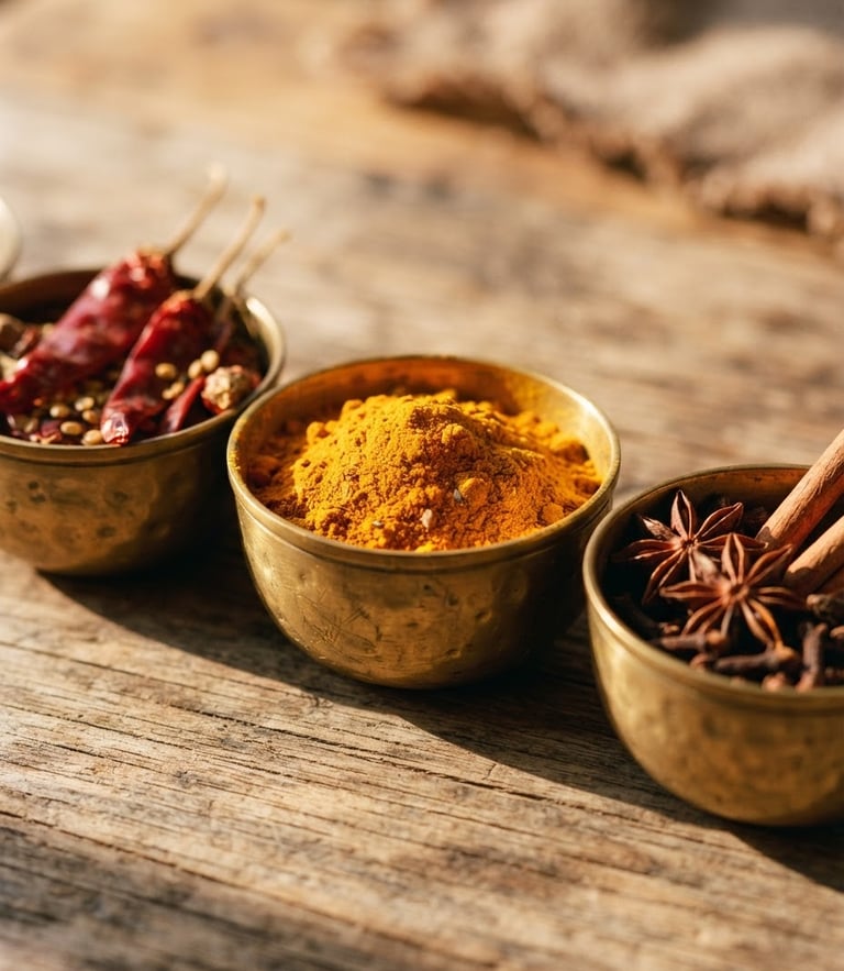 Macro close-up of vibrant raw spices in brass bowls under warm directional morning sunlight casting soft shadows, 35mm photography