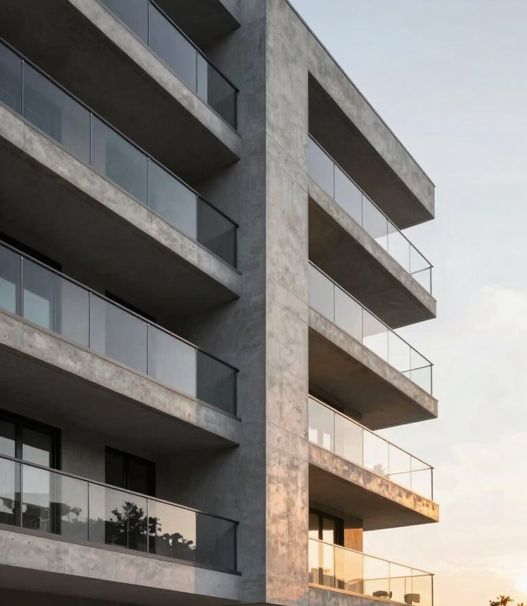 Architectural photography of a modern apartment facade with clean anthracite concrete lines under sunset lighting, wide angle, sharp focus