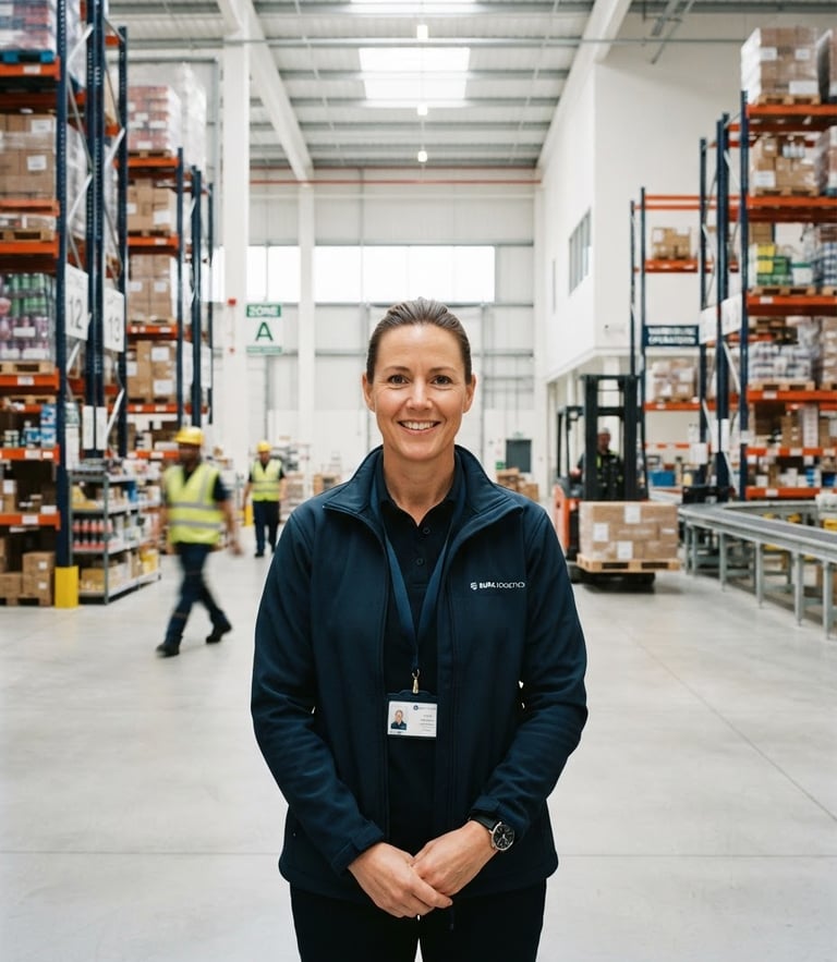 Confident professional logistics manager in a clean, modern European warehouse, natural daylight, looking at the camera, sharp focus, 35mm