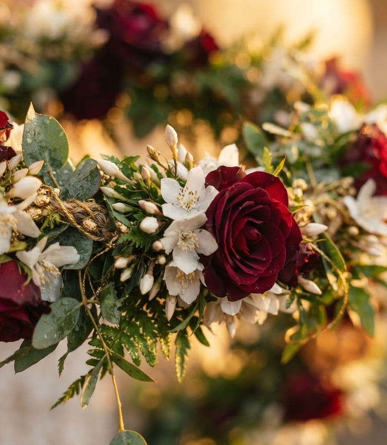 Intimate macro shot of fresh-cut jasmine and roses woven into a luxurious wedding garland, warm golden-hour lighting, shallow depth of field, 35mm