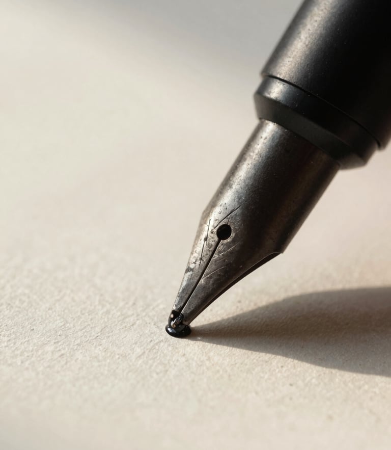 Extreme macro close-up of a textured matte black pen tip meeting heavy cream-colored paper, fresh ink drying on the page, soft morning window light casting quiet shadows.