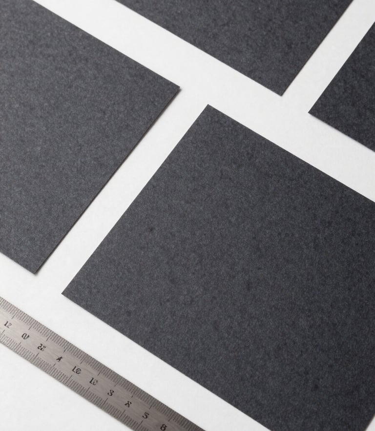 Strict top-down flat-lay of modern brand collateral, heavy charcoal paper stocks, and precise steel rulers on a white surface under cool daylight.
