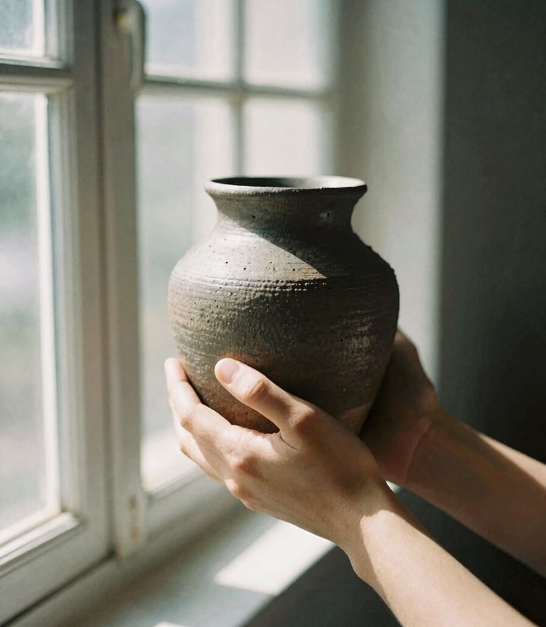 Tight off-center crop of a person's hands holding a rough ceramic vessel, soft directional north-facing window light, high contrast, muted tones.
