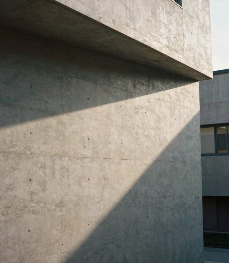 Architectural detail of a minimalist concrete building facade, sharp diagonal shadows from harsh sunlight, quiet spatial composition, editorial film photography style.