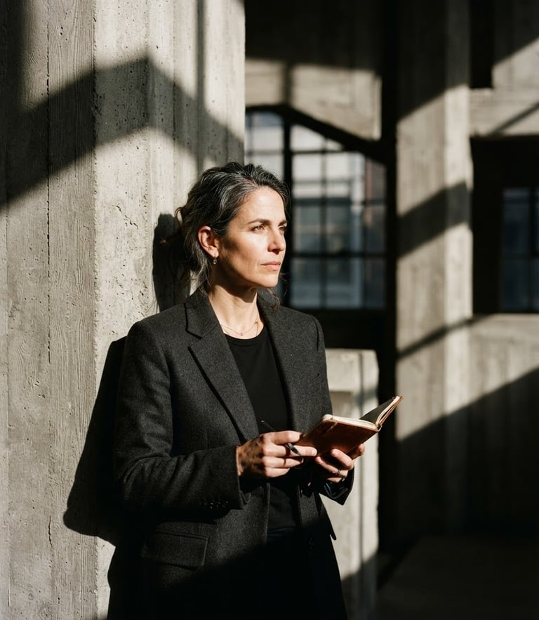 Tight environmental portrait of a creative director in a concrete architectural space, harsh direct sunlight casting deep geometric shadows, muted earth tones, editorial film grain