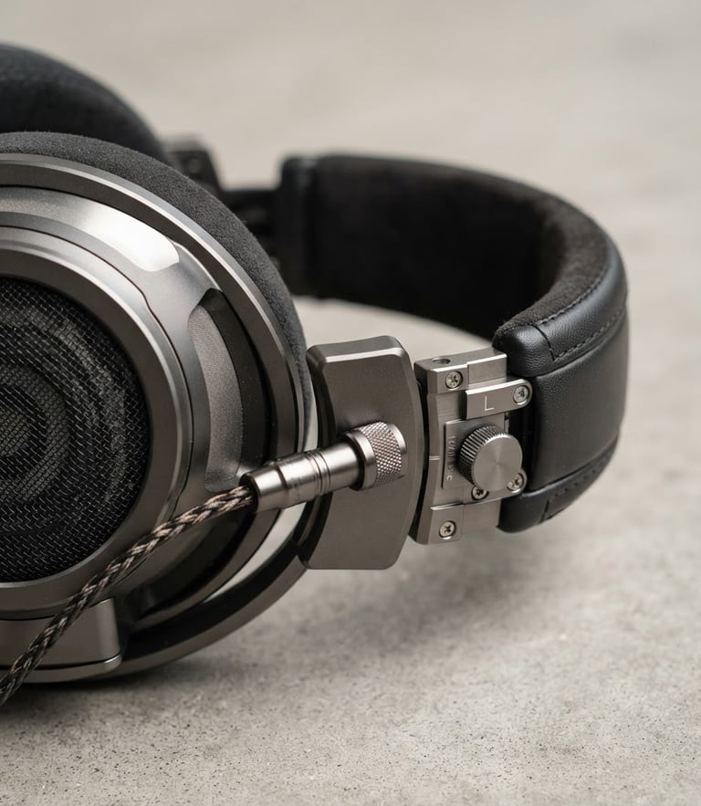 Crisp macro shot of high-end metallic headphones, clean studio lighting, sharp details, industrial design focus, 50mm.