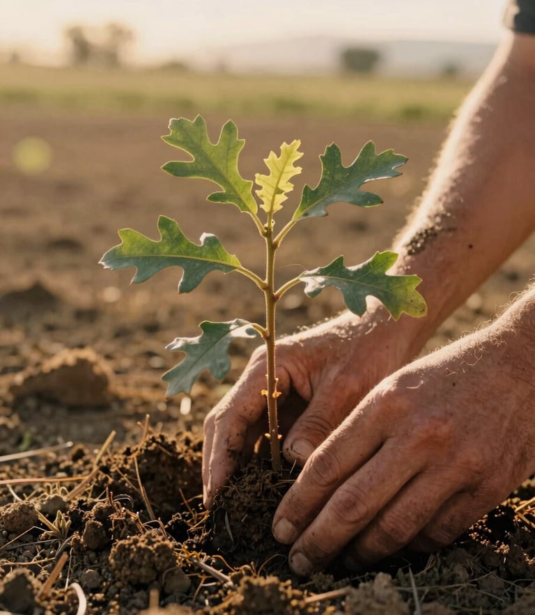 Close-up of weathered hands gently planting a young oak sapling in warm, sun-drenched California soil, golden-hour light, 35mm film style.