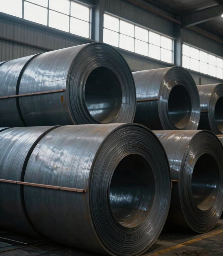 Industrial steel coils stacked in a modern, organized shipping warehouse, cool daylight filtering through high windows, sharp geometric lines.