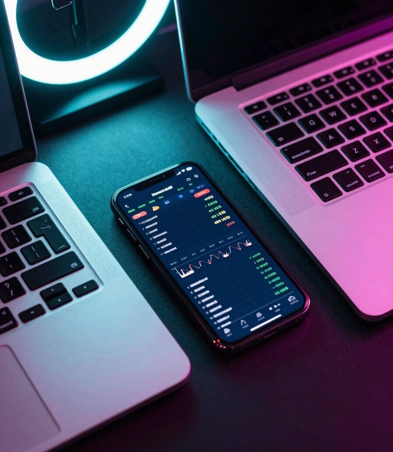 High-angle shot of a modern workspace, a smartphone displaying a financial dashboard next to a laptop, vibrant cyan and pink neon ambient lighting, dark background, sharp focus.