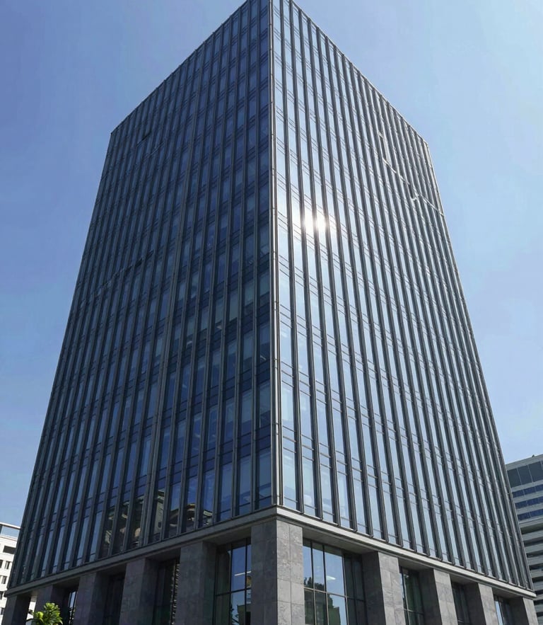 Modern minimalist corporate headquarters glass facade, architectural wide-angle lens, bright daylight, blue sky, professional corporate style.