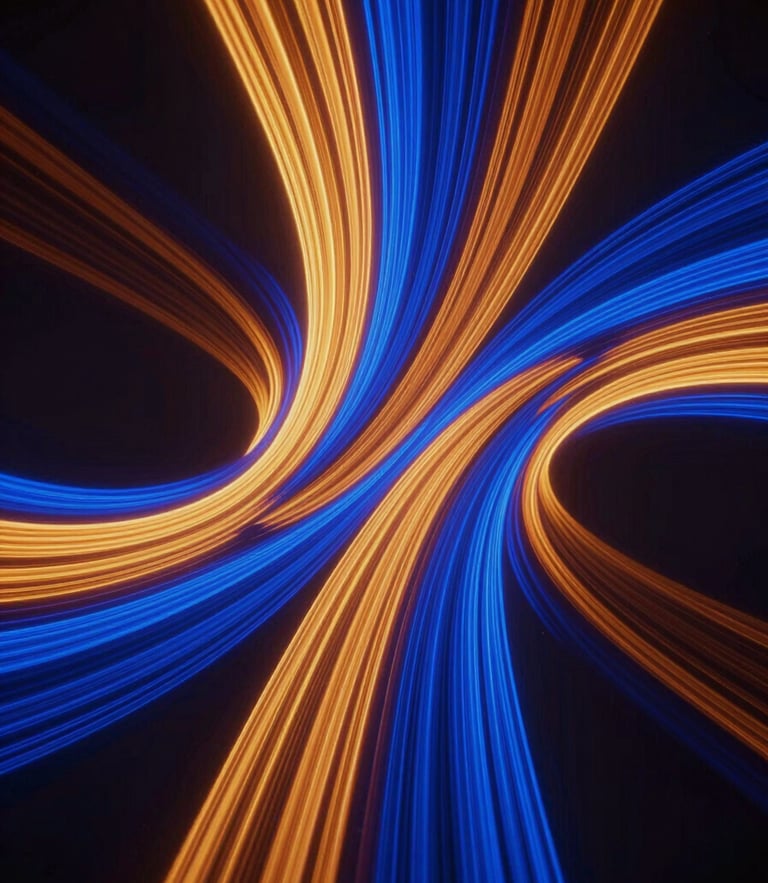 Vibrant abstract 3D digital sculpture representing data flow, high-contrast glowing lines of electric cobalt and warm amber, dark background with deep shadows, extreme macro framing, high-saturation digital glow.